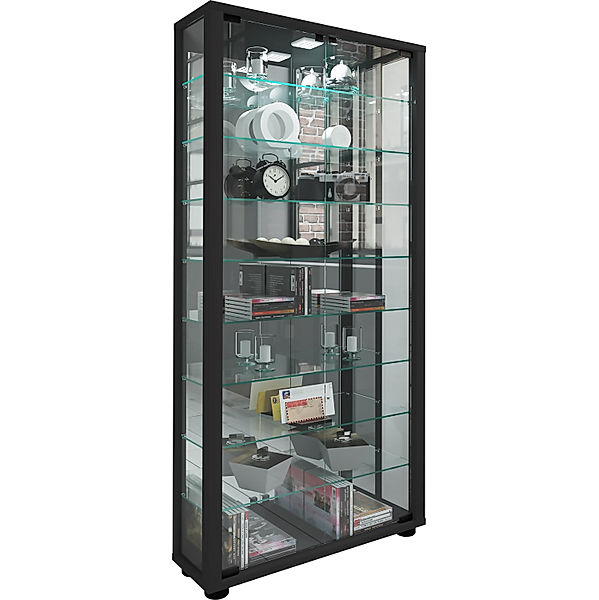 VCM Sammel Stand Vitrine Holz Glas Lumo Maxi Spiegel (Farbe: Schwarz)