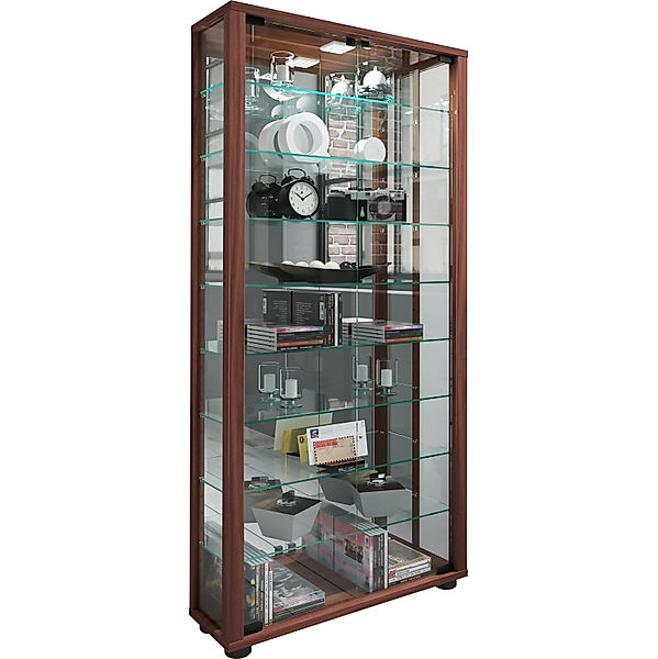 VCM Sammel Stand Vitrine Holz Glas Lumo Maxi Spiegel (Farbe: Kern-Nussbaum, Ausführung: Mit LED-Beleuchtung)