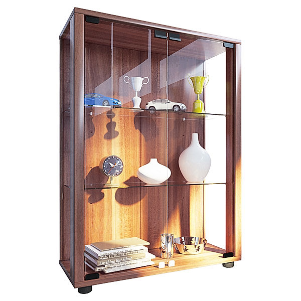 VCM Sammel Stand Vitrine Holz Glas Sintalo (Farbe: Kern-Nussbaum, Ausführung: Mit LED-Beleuchtung)