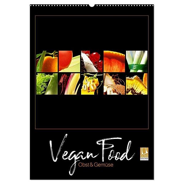 Vegan Food Kalender - Obst und Gemüse auf Schwarz (Wandkalender 2024 DIN A2 hoch), CALVENDO Monatskalender, Georg Hergenhan