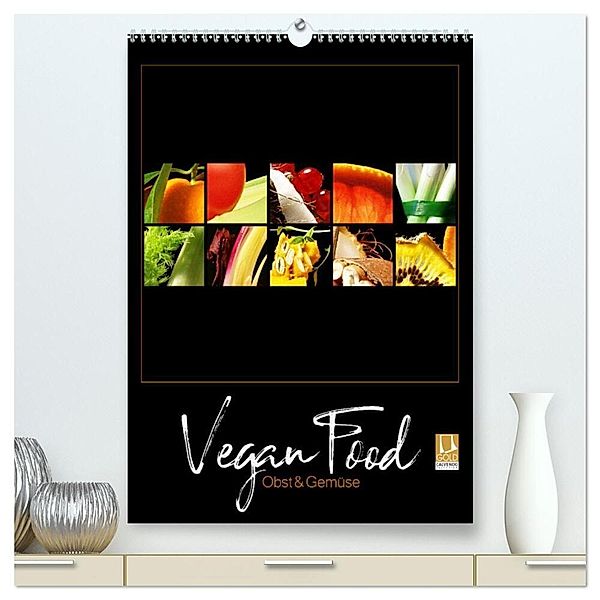 Vegan Food Kalender - Obst und Gemüse auf Schwarz (hochwertiger Premium Wandkalender 2024 DIN A2 hoch), Kunstdruck in Hochglanz, Georg Hergenhan