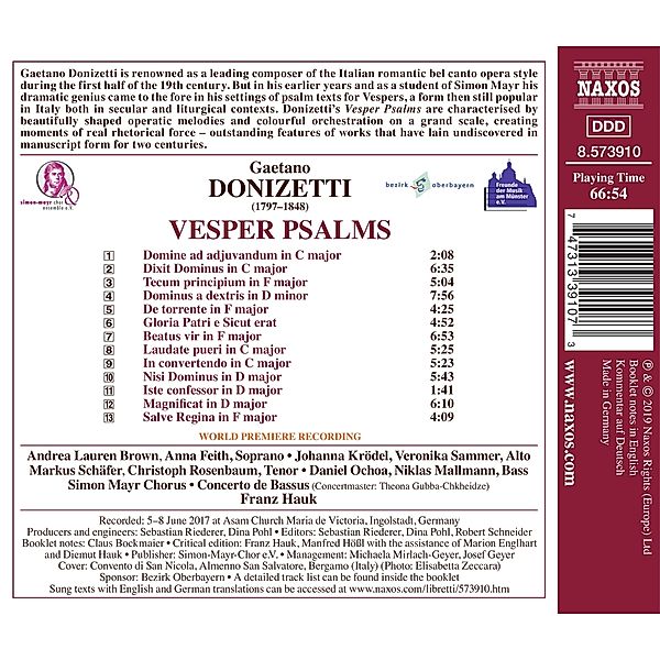 Vesper Psalms, Brown, Simon Mayr Chor, Hauk, Concerto de Bassus