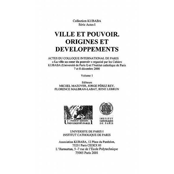 VILLE ET POUVOIR : ORIGINES ETDEVELOPPEMENT / Hors-collection, Collectif