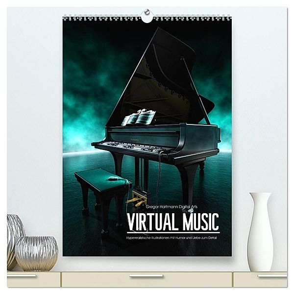 VIRTUAL MUSIC - Musikinstrumente in Hyperrealistischen Illustrationen (hochwertiger Premium Wandkalender 2024 DIN A2 hoch), Kunstdruck in Hochglanz, Gregor Hartmann