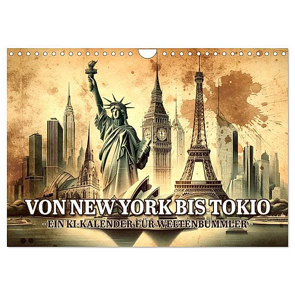 Von New York bis Tokio - Ein KI-Kalender für Weltenbummler (Wandkalender 2025 DIN A4 quer), CALVENDO Monatskalender, Calvendo, artefacti