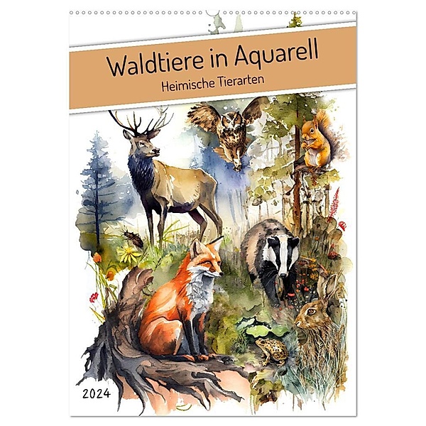 Waldtiere in Aquarell - Heimische Tierarten (Wandkalender 2024 DIN A2 hoch), CALVENDO Monatskalender, Anja Frost