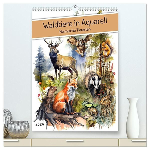 Waldtiere in Aquarell - Heimische Tierarten (hochwertiger Premium Wandkalender 2024 DIN A2 hoch), Kunstdruck in Hochglanz, Anja Frost