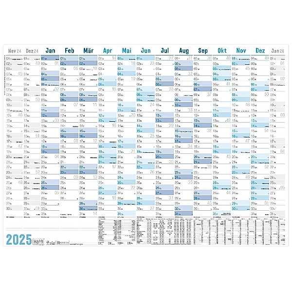 Wandkalender 2025 A1+ [Blau] 89cm x 63cm gefalzt mit Extra A4-Übersicht Eurolochung
