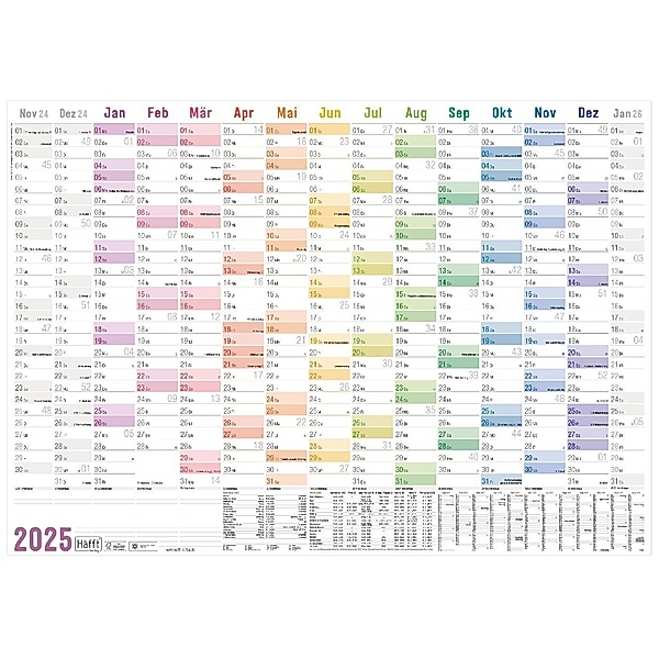 Wandkalender 2025 A1+ [Rainbow] 89cm x 63cm gefalzt mit Extra A4-Übersicht Eurolochung
