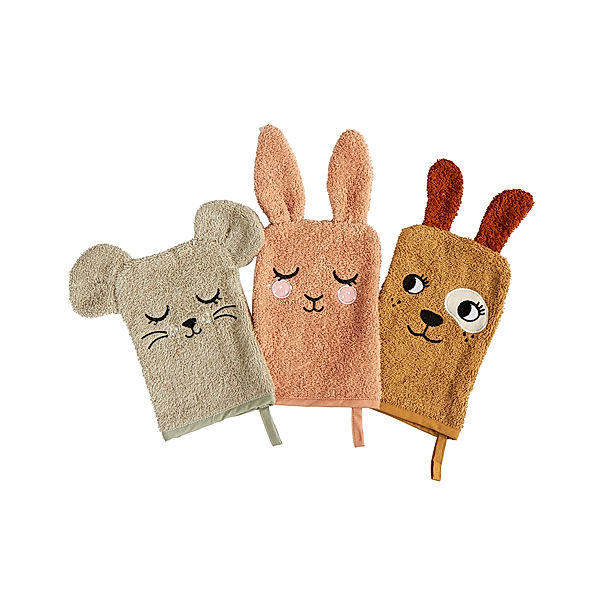 Roommate Waschhandschuh BUNNY, MOUSE & DOG 3-teilig in bunt