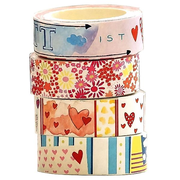 Washi Tapes Set - Blumen und Herzen, 4 verschiedene Rollen