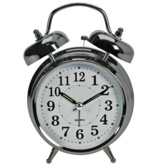 18 cm Metall Glocken Wecker Uhr Doppelglocken Verchromt Ziffernblatt Weiß ca 