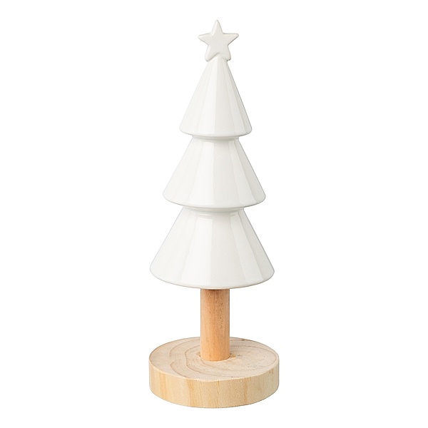 Weihnachtsbaum aus Keramik auf Holz, 9x9x25cm, weiss