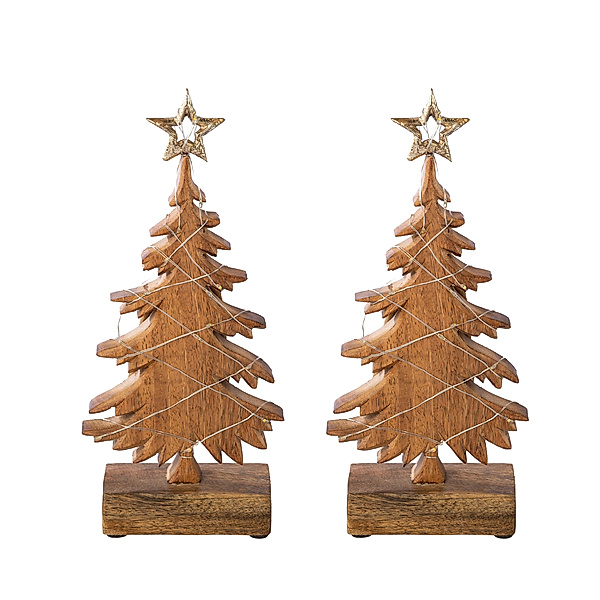 Weihnachtsbaum LUMEN auf Holz mit LED, 14x5x26cm, 2er-Set, gold