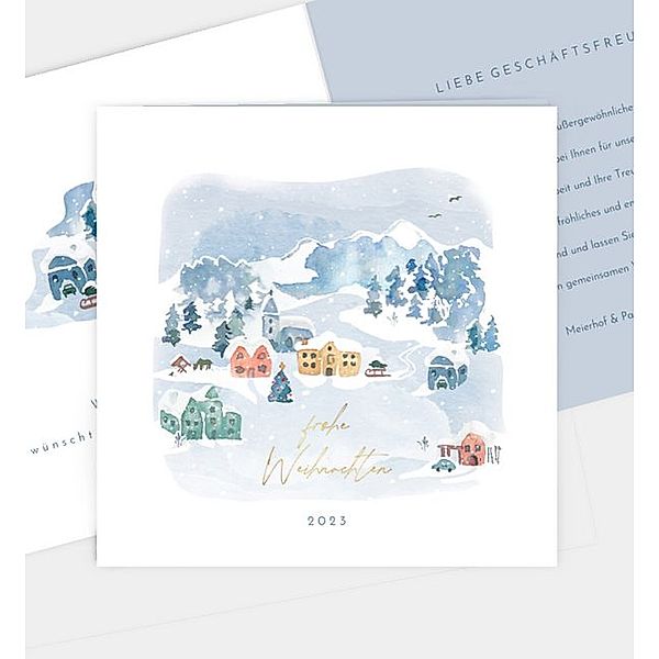 Weihnachtskarte Schneedorf, Klappkarte quadratisch (145 x 145mm)