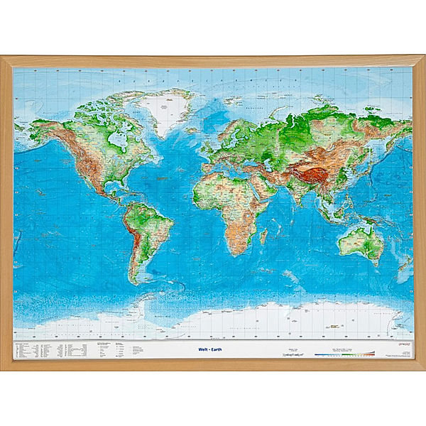 Welt, Reliefkarte Gross 1:53.000.000 mit Naturholzrahmen, André Markgraf, Mario Engelhardt