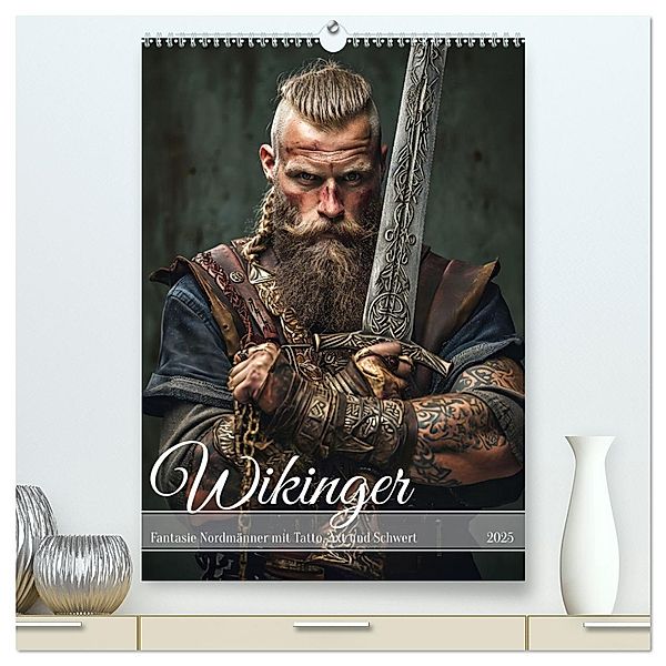 Wikinger - Fantasie Nordmänner mit Tattoo, Axt und Schwert (hochwertiger Premium Wandkalender 2025 DIN A2 hoch), Kunstdruck in Hochglanz, Calvendo, Anja Frost