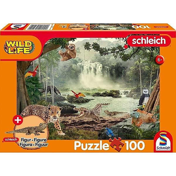 SCHMIDT SPIELE Wild Life, Im Regenwald, 100 Teile, mit Add-on (eine Original Figur Krokodiljunges)