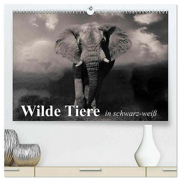 Wilde Tiere in schwarz-weiss (hochwertiger Premium Wandkalender 2025 DIN A2 quer), Kunstdruck in Hochglanz, Calvendo, Elisabeth Stanzer