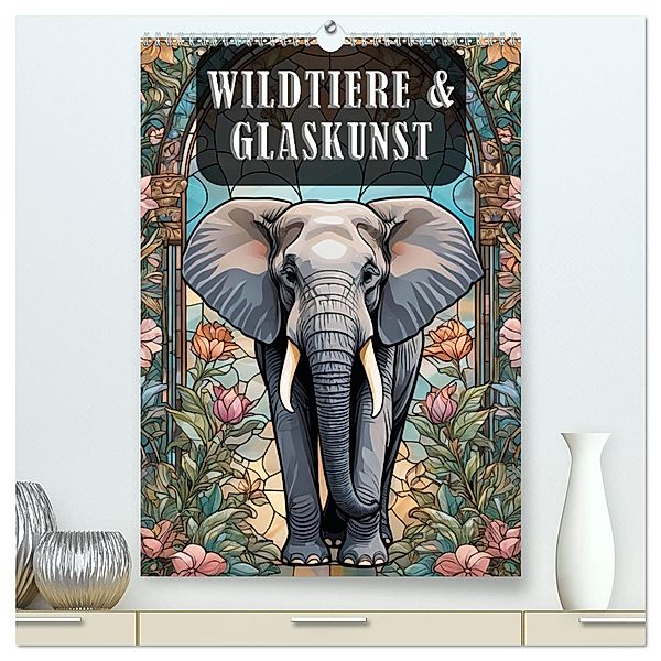 Wildtiere und Glaskunst im Tiffany Stil (hochwertiger Premium Wandkalender 2025 DIN A2 hoch), Kunstdruck in Hochglanz, Calvendo, ShirtScene
