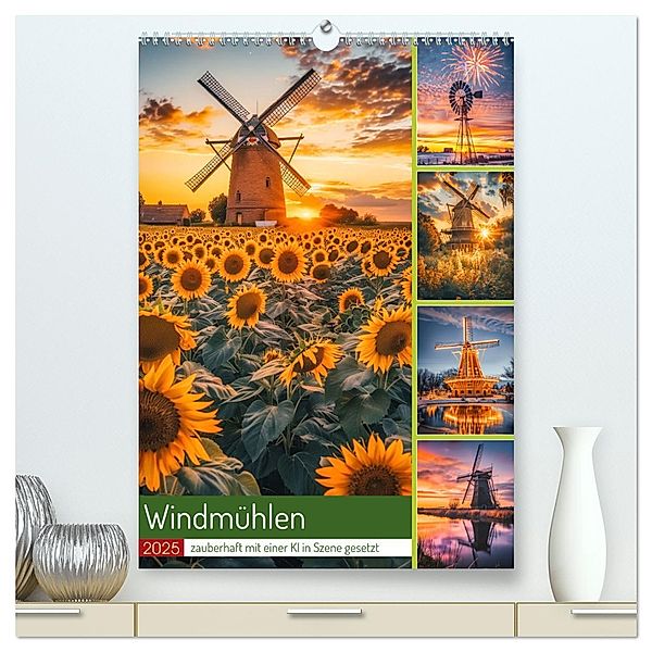 Windmühlen - Zauberhaft mit einer KI in Szene gesetzt (hochwertiger Premium Wandkalender 2025 DIN A2 hoch), Kunstdruck in Hochglanz, Calvendo, Steffen Gierok-Latniak