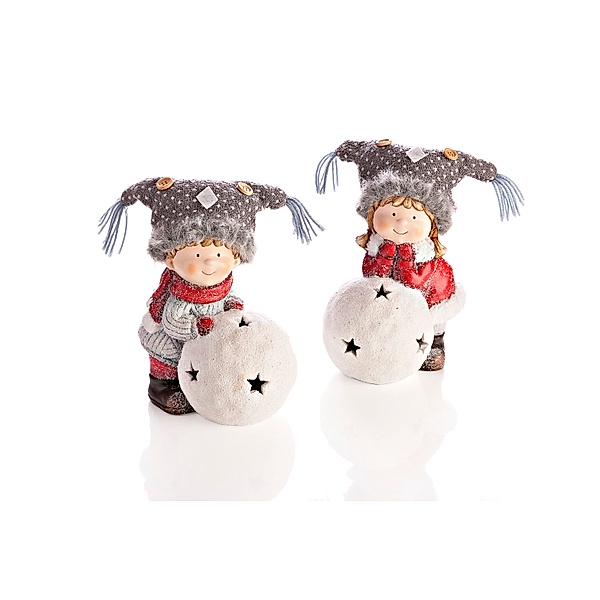 Winterkinder Aura & Tumi mit LED-Schneekugel, 2er-Set