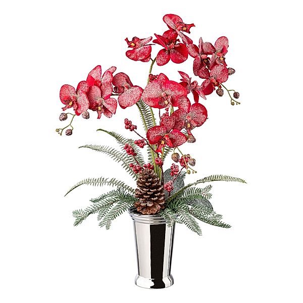 Winterliches, künstliches Phalenopsis-Gesteck in Keramikvase, 70 cm, rot