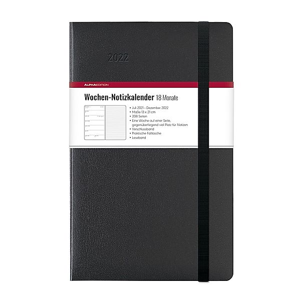 Wochen Notizkalender 18 Monate gross Black 2022