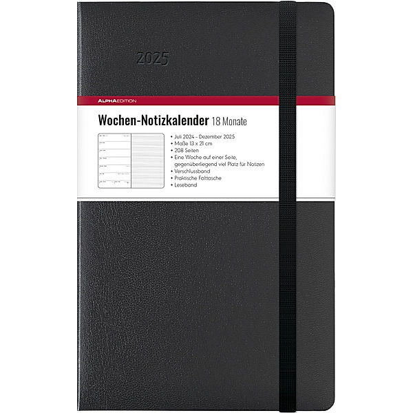 Wochen Notizkalender 18 Monate groß Black 2025 - Taschen-Kalender 13x21 cm - mit Verschlussband & Falttasche - Juli 2024 bis Dez 2025 - Weekly - 128 Seiten