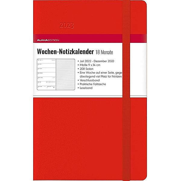 Wochen Notizkalender 18 Monate klein Red 2023 - Taschen-Kalender 9x14 cm - mit Verschlussband & Falttasche - Juli 2021 b