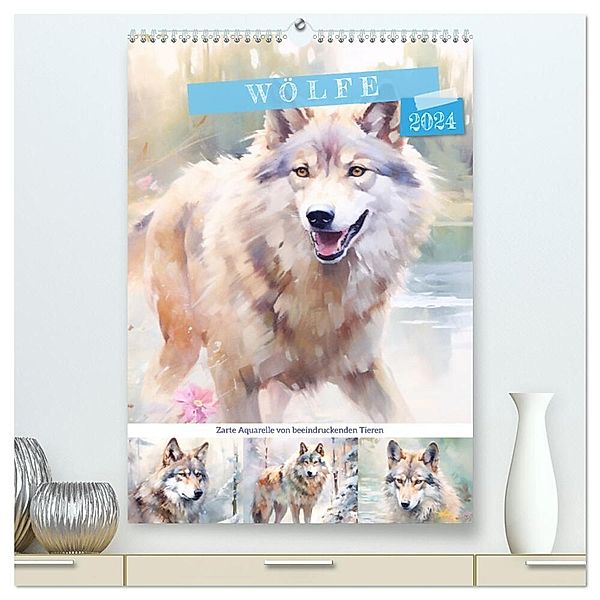Wölfe. Zarte Aquarelle von beeindruckenden Tieren (hochwertiger Premium Wandkalender 2024 DIN A2 hoch), Kunstdruck in Hochglanz, Rose Hurley