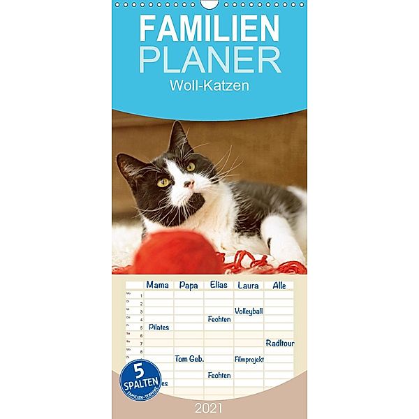 Woll-Katzen - Familienplaner hoch (Wandkalender 2021 , 21 cm x 45 cm, hoch), Calvendo