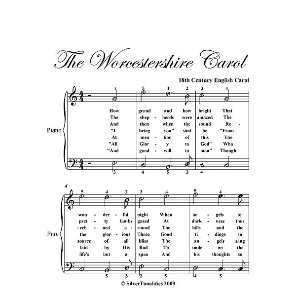 Worcestershire Carol Easy Piano Sheet Music, 18th Century English Carol