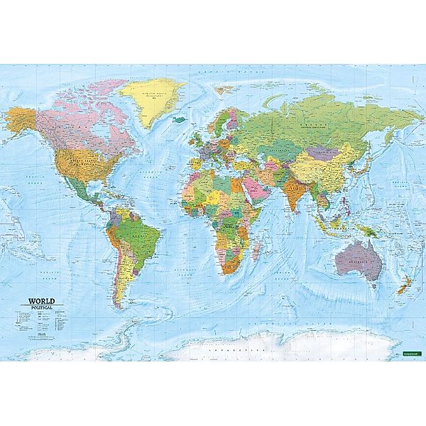 World map, political - physical, english, 1:20.000.000, Poster with metal ledges, freytag & berndt