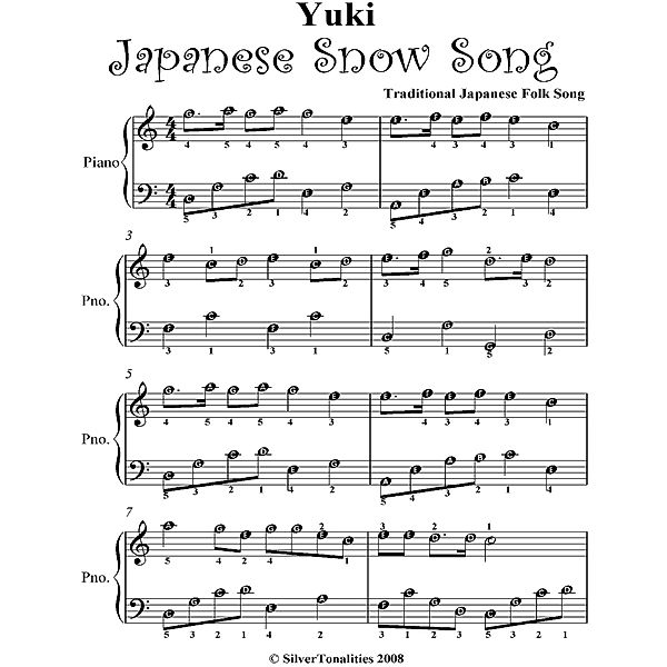 Yuki Japanese Snow Song Easy Piano Sheet Music, Traditional Japanese