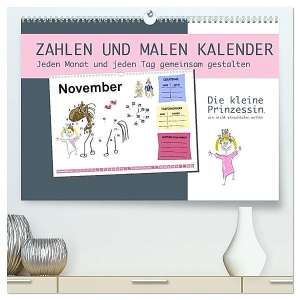 Zahlen und Malen Kalender mit der kleinen Prinzessin (hochwertiger Premium Wandkalender 2024 DIN A2 quer), Kunstdruck in Hochglanz, steckandose, dmr