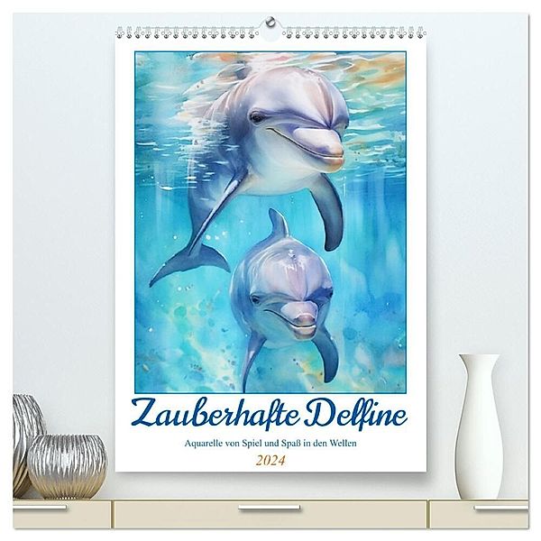 Zauberhafte Delfine. Aquarelle von Spiel und Spaß in den Wellen (hochwertiger Premium Wandkalender 2024 DIN A2 hoch), Kunstdruck in Hochglanz, Rose Hurley
