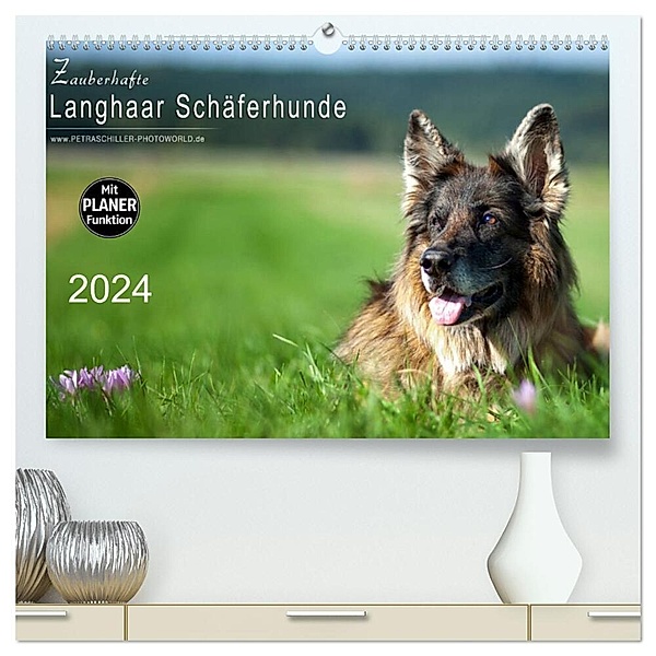 Zauberhafte Langhaar Schäferhunde (hochwertiger Premium Wandkalender 2024 DIN A2 quer), Kunstdruck in Hochglanz, Petra Schiller