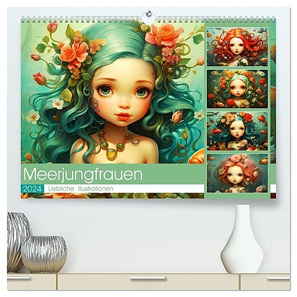 Zauberhafte Meerjungfrauen. Liebliche Illustrationen (hochwertiger Premium Wandkalender 2024 DIN A2 quer), Kunstdruck in Hochglanz, Rose Hurley