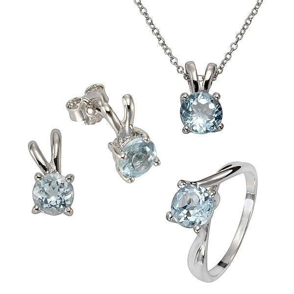 Zeeme Gemstones Set Anhänger, Kette, Ohrstecker + Ring 925/- Sterling Silber Blautopas beh. blau 42+3cm Glänzend (Größe: 058 (18,5))