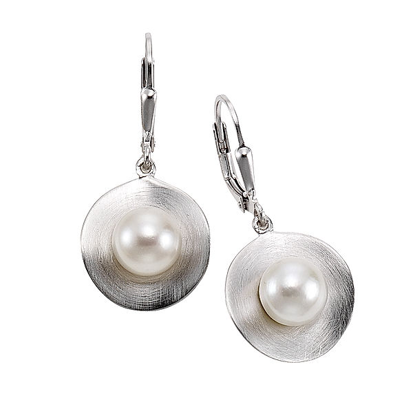 Zeeme Pearls Ohrhänger 925/- Sterling Silber Perle weiß 3,2cm Gebürstet