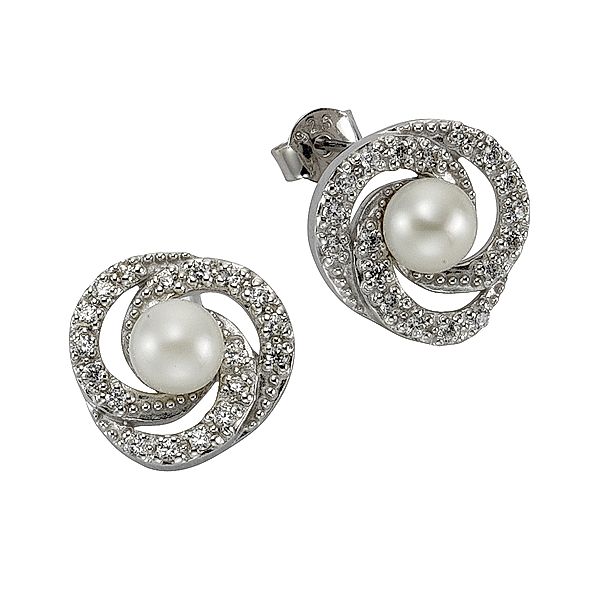 Zeeme Pearls Ohrstecker 925/- Sterling Silber Perle weiß 1,4cm Glänzend