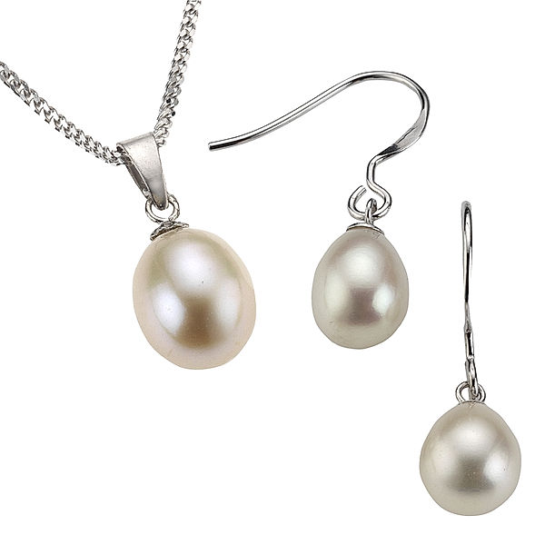 Zeeme Pearls Set Anhänger, Kette + Ohrhänger 925/- Sterling Silber Süßwasserzuchtperle 45cm Glänzend