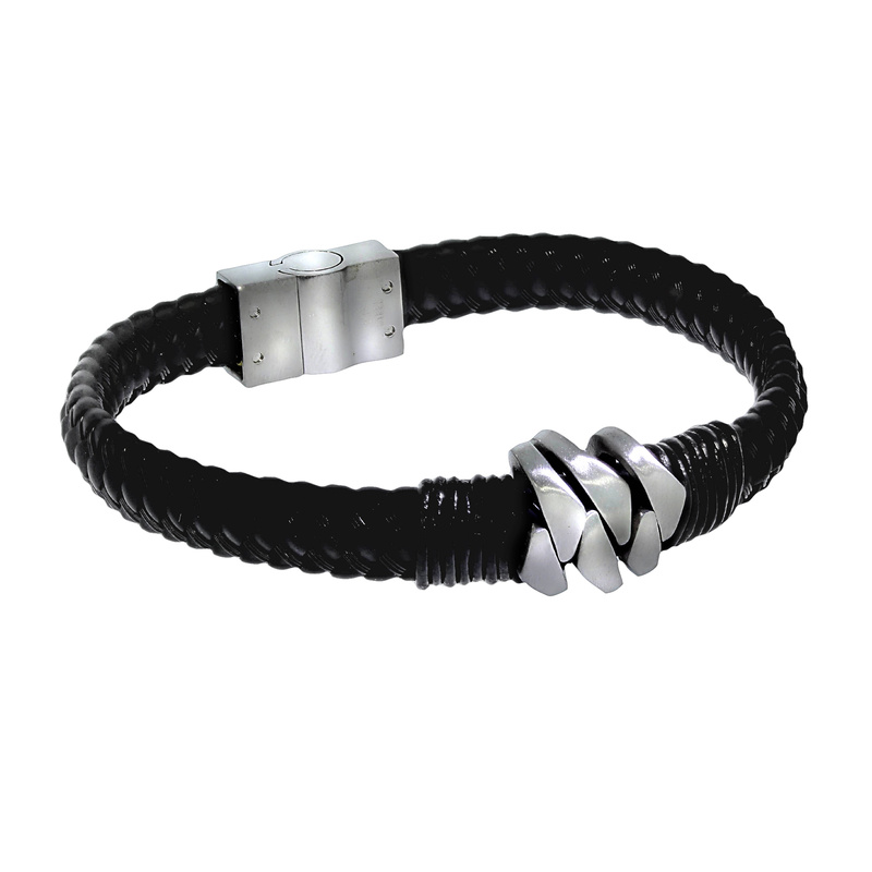 Zeeme Stainless Steel Armband Lederband mit Edelstahlverschluß Edelstahl  21cm Rhodiniert