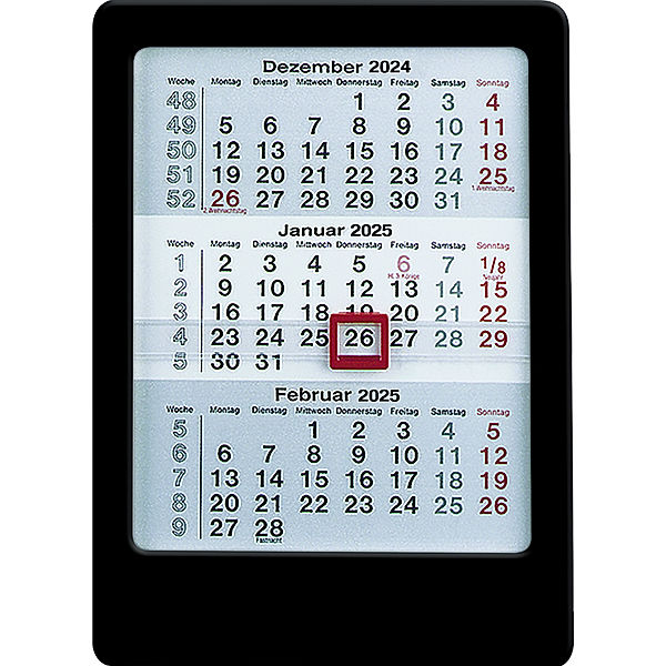 Zettler - 3-Monats-Tischaufsteller 2025 schwarz,12x16cm, Tischkalender mit 3 Monaten auf 1 Seite, Datumsschieber, Feiertage hervorgehoben, Wochenzähler und deutsches Kalendarium