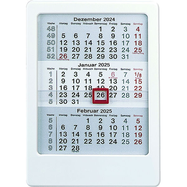 Zettler - 3-Monats-Tischaufsteller 2025 weiss,12x16cm, Tischkalender mit 3 Monaten auf 1 Seite, Datumsschieber, Feiertage hervorgehoben, Wochenzähler und deutsches Kalendarium