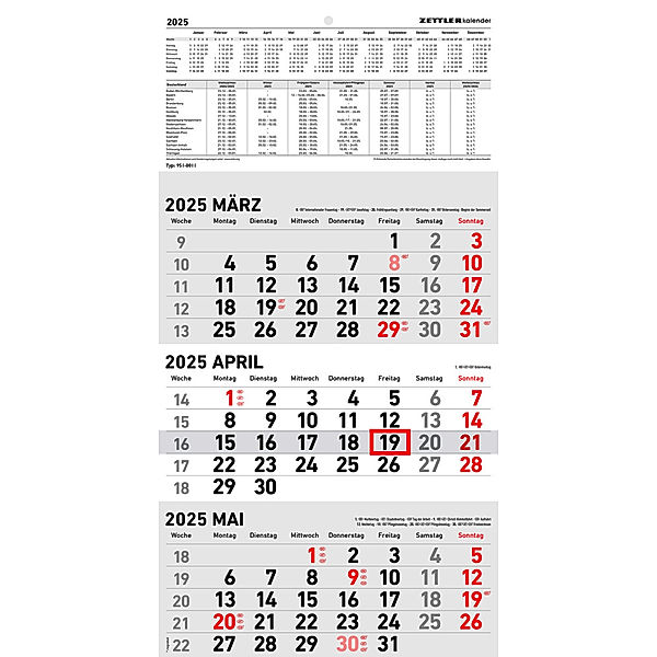 Zettler - 3-Monatskalender 2025, 23,7x44,8cm, Bürokalender mit Jahresübersicht, Datumsschieber, faltbar, 3 Monate auf einen Blick, Feiertage/Ferientermine DE/AT/CH und Kalendarium DE