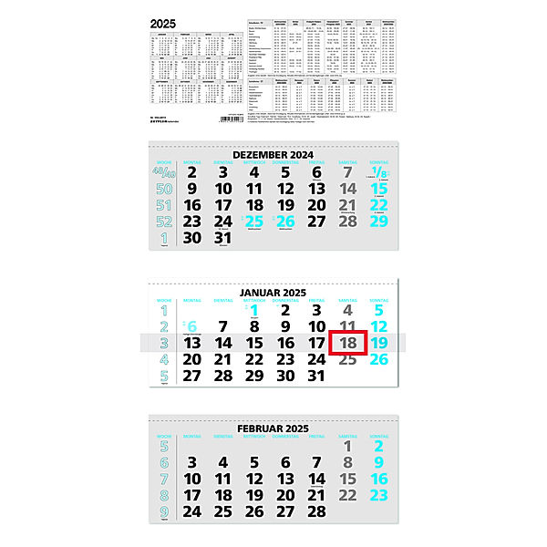 Zettler - 3-Monatskalender 2025 blau, 33,5x71cm, Bürokalender mit Jahresübersicht, Datumsschieber, faltbar, 3 Monate auf einen Blick, Feiertage/Ferientermine DE/AT/CH und deutsches Kalendarium