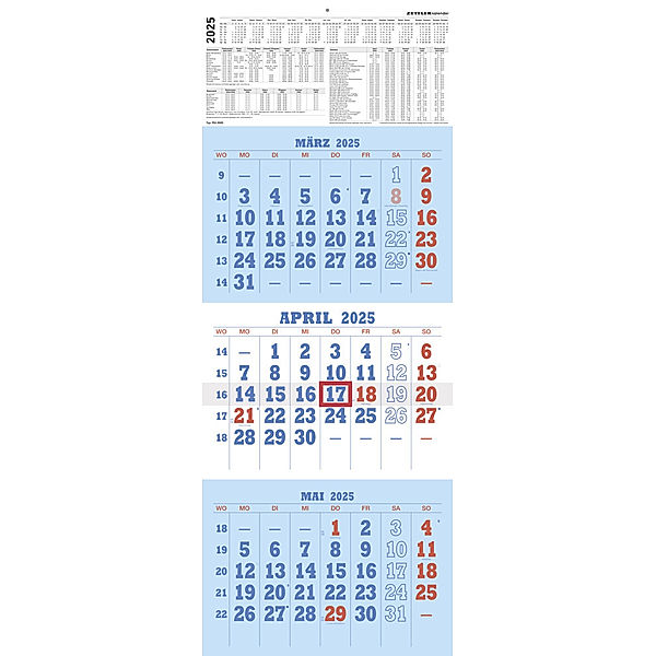 Zettler - 3-Monatskalender 2025 blau/rot, 29,7x78cm, Bürokalender mit Jahresübersicht, Datumsschieber, faltbar, 3 Monate auf einen Blick, Ferientermine DE/AT/CH und internationales Kalendarium