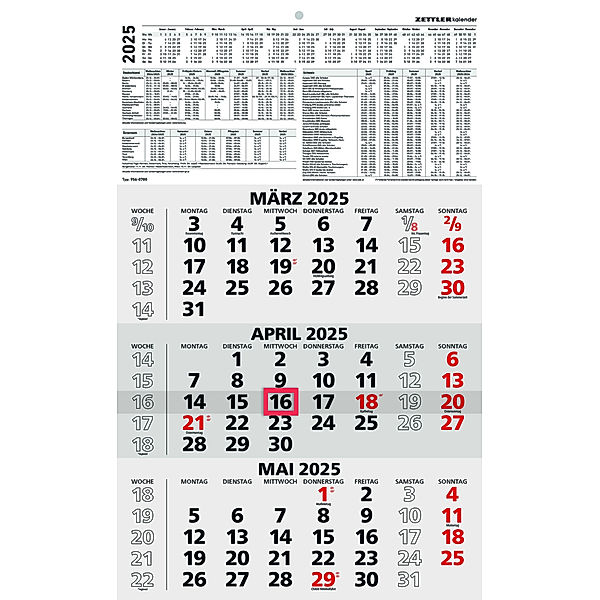 Zettler - 3-Monatskalender 2025 schwarz/rot, 29,7x48,8cm, Bürokalender mit Jahresübersicht, Datumsschieber, faltbar, 3 Monate auf einen Blick, Feiertage/Ferientermine DE/AT/CH und Kalendarium DE